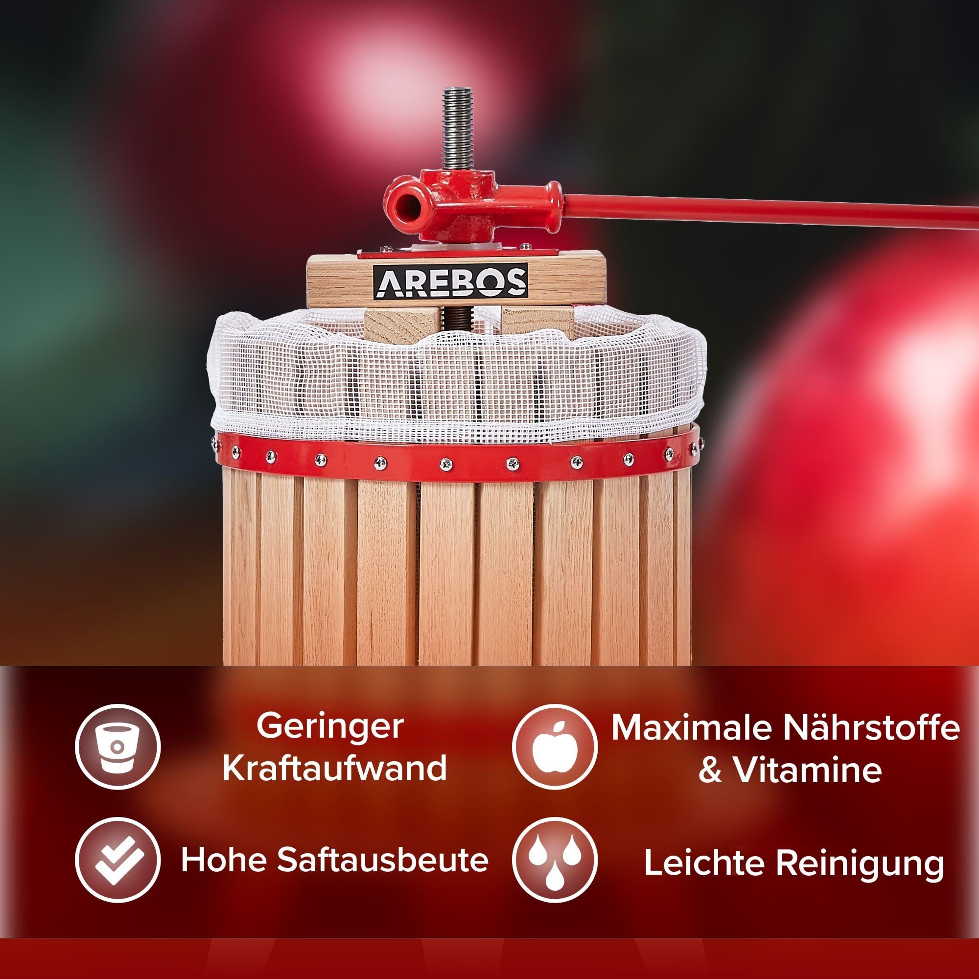 Arebos Obstpresse 12L | Manuelle Saftpresse I Beerenpresse inkl. Presstuch, Druckplatte und Metallspindel I Für jegliche Arten von Saft & Gemüse