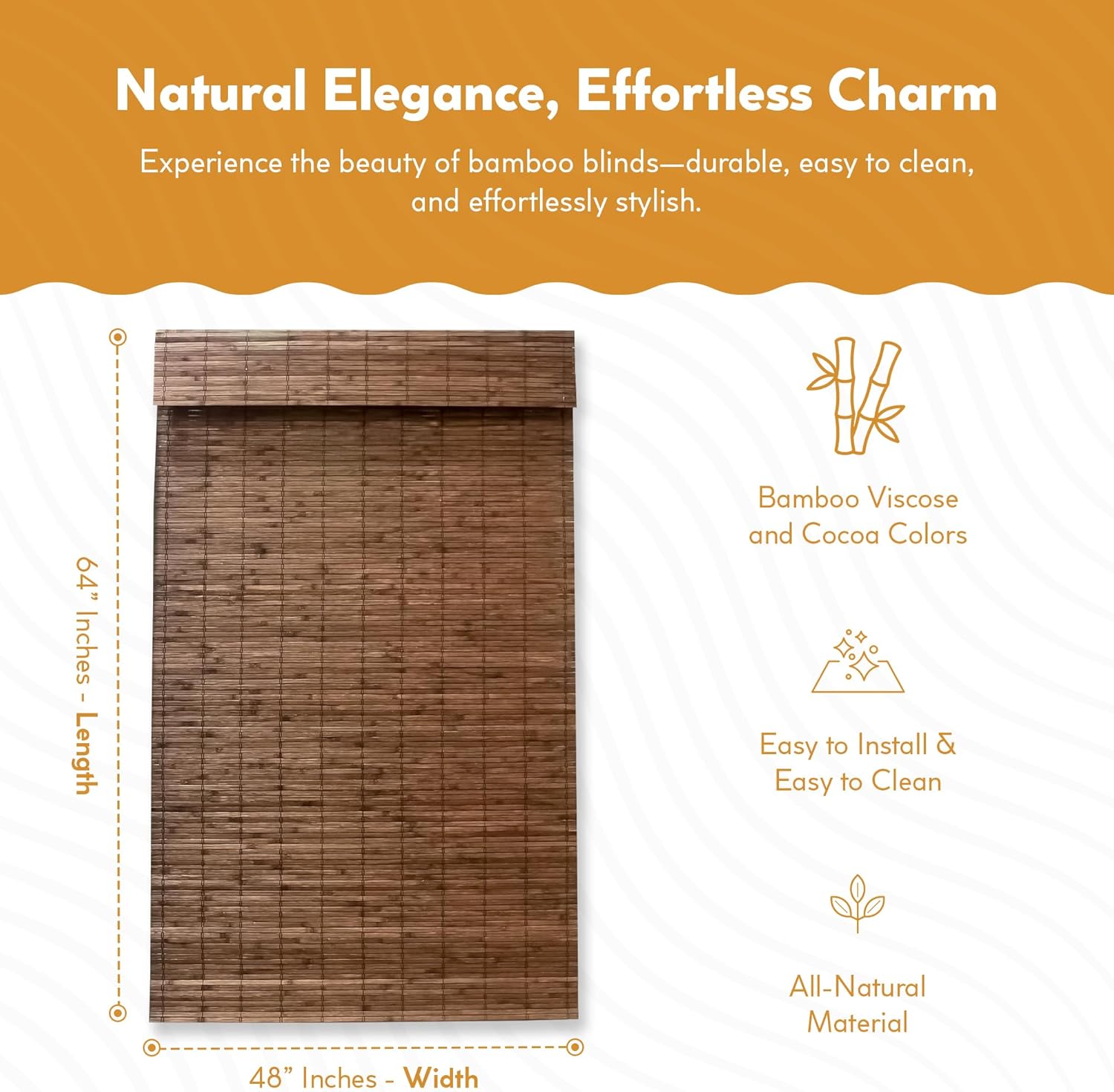 Radiance Cordless Bamboo Roman Shades for Windows - Flatstick Bamboo Blinds for Semi-Private Light Control - Easy to Lift & Fold Up Window Shades - Cocoa - 48 in. W x 64 in. L - (2216320E) Cocoa 48"W x 64"H