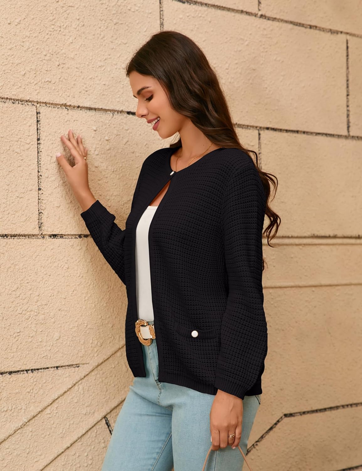 Women's Open Front Cardigan Sweater Thick Crewneck Causal Long Sleeve Knit Lady Coat - Image 5