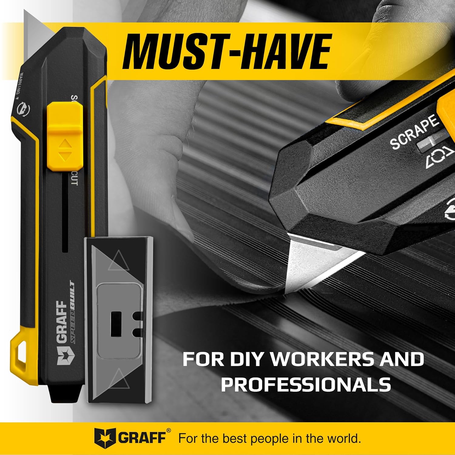 Scraper Utility Knife 4-in-1 Heavy Duty – Retractable Box Cutter, Folding Knife & Scraper Knife – SK5 Carbon Steel Trapezoidal Blades – Carpet & Drywall Cutter with 5 Extra Blades GRAFF