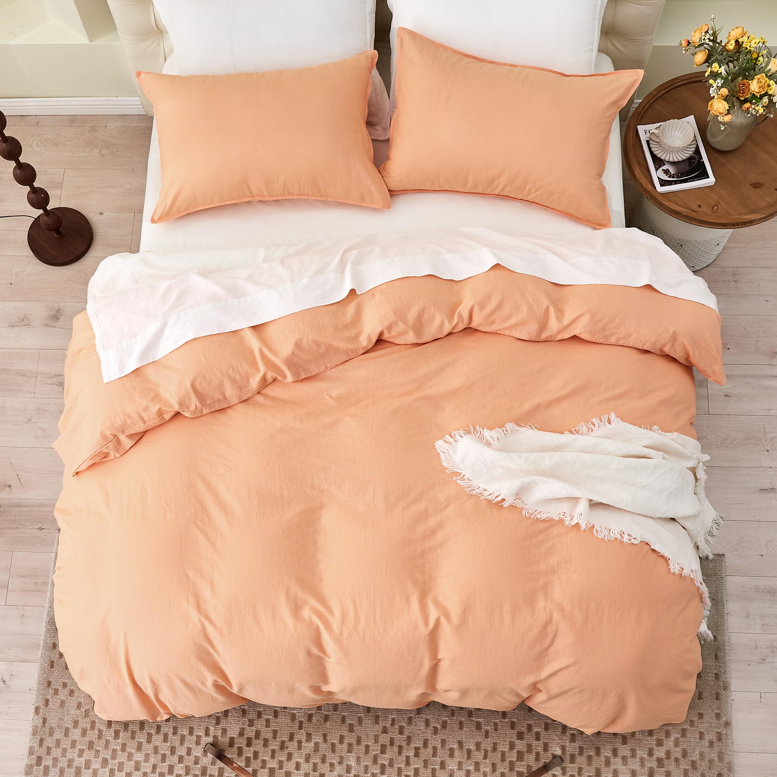 Simple&Opulence Funda Nordica 230x220 cm con Funda de Almohada 50x75cm -Juego de Funda Nordica Cama 135 de Lino y Algodón, Suave,Transpirable y Cómodo para Todo el Año,Melocotón