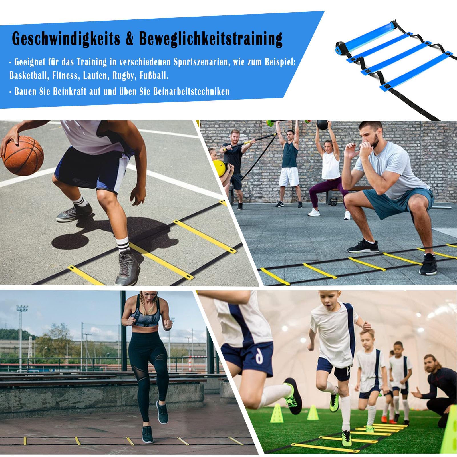 Fussball Trainingszubehör, Koordinationsleiter 6m mit 12 Hütchen, Abnehmbar Hürden, Springseil, Widerstandsbänder, Widerstandsschirm,Fussball Trainingsset,Fussball Geschenke Jungen