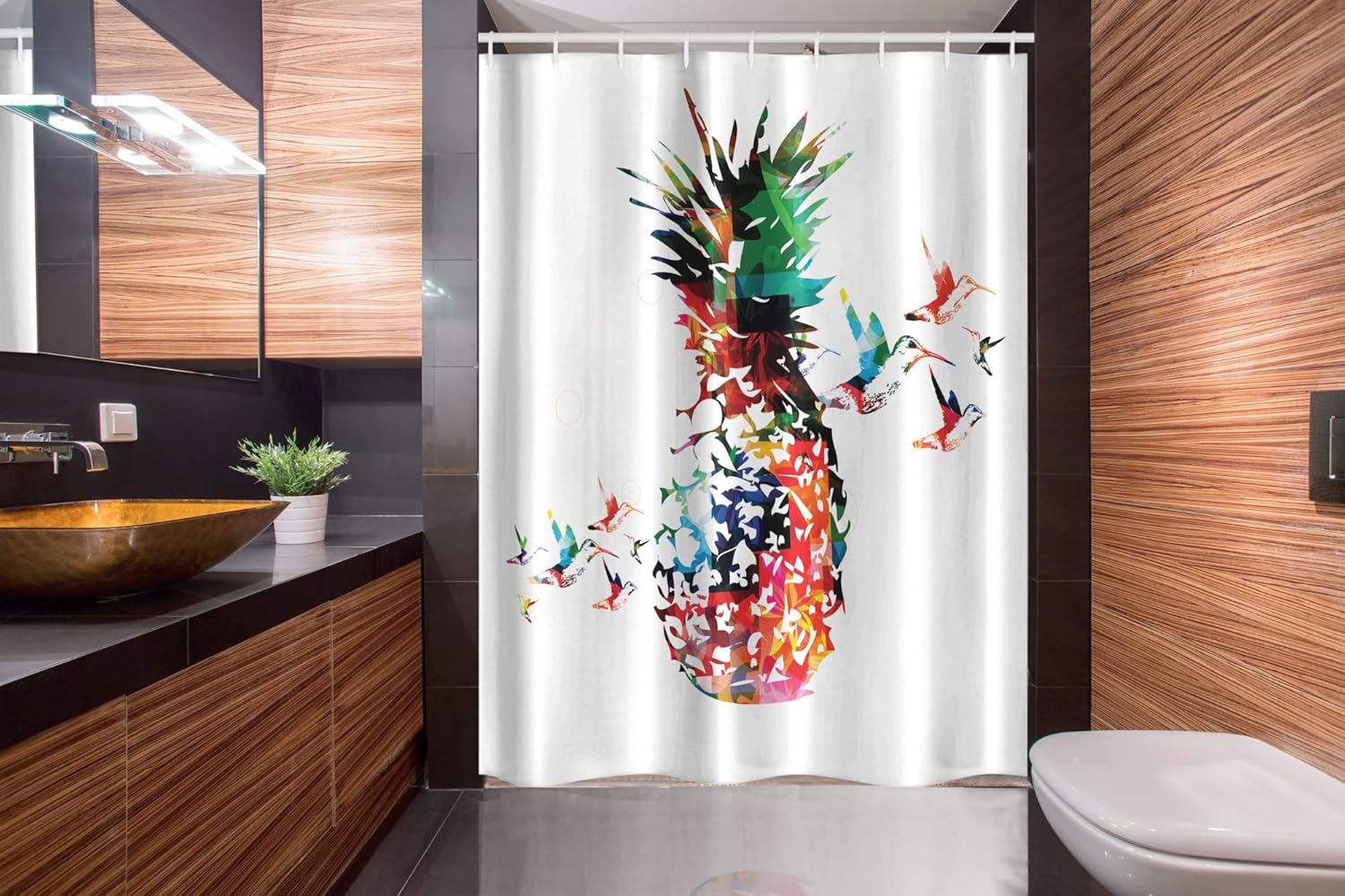 Ambesonne Pineapple Stall Shower Curtain, Geometric Pineapple Bursting into Scattering Birds Flight Modern Abstract Print, Fabric Bathroom Decor Set with Hooks, 54" W x 78" L, White Multicolor