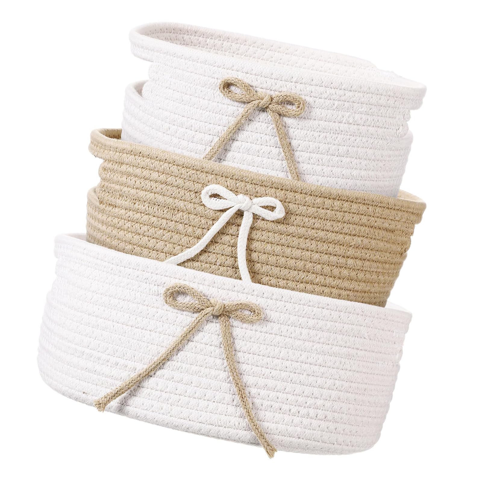 Kalttoy Of 3 Decorative Handwoven Storage Bin Fabric Nesting Basket with Bowknot Detail for Decoration Organization Decorative Storage Bin