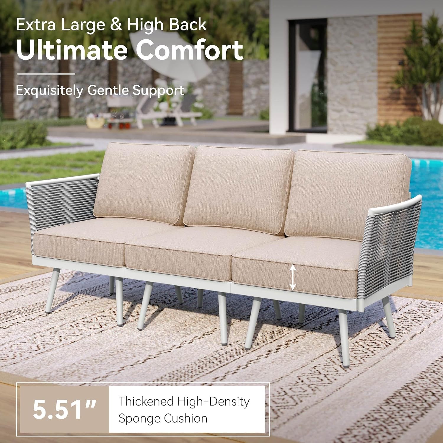 GREEN PARTY Outdoor Patio Furniture Set, 8-Piece Metal Modern Outside Sectional All-Weather Conversation Set with Rope Rattan & Coffee Table & 5.5" Thick Cushions and Anti-Rust Frame, 2 Ottomans