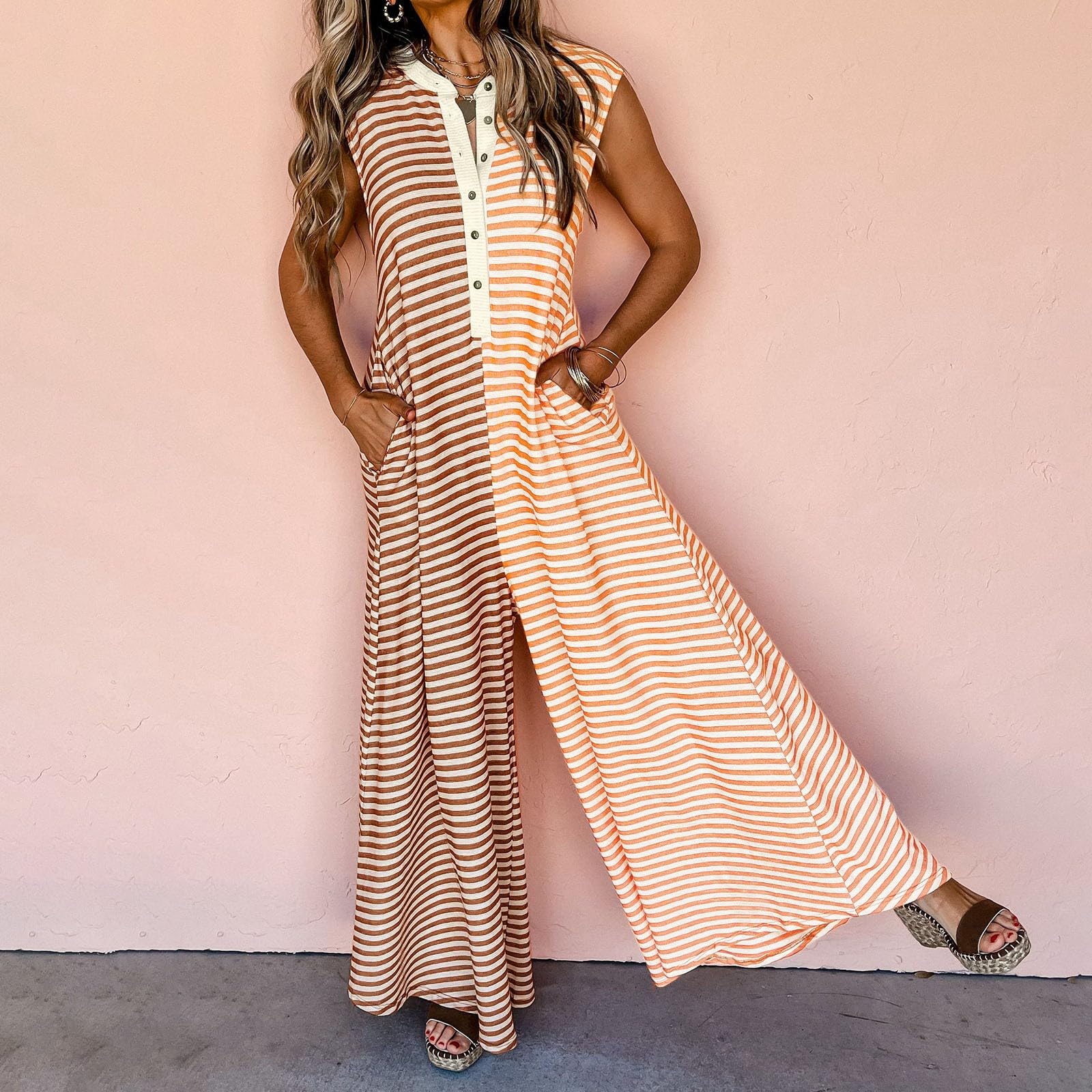 Salopette Femme Ete, Jumpsuit longue rayée sans manches ample fraîche jambes larges