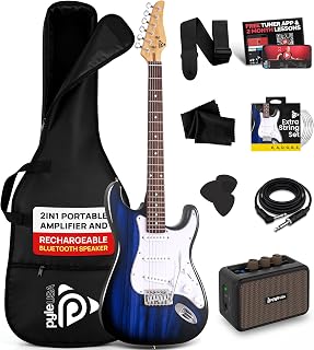 Electric Guitar and Amp Kit - Full Size 39" Complete Starter Kit with Wearable Bluetooth Amplifier, 1/4” Cable, Carry Case, Strap, Strings, Picks, Cleaning Cloth, ST-Style Pickups (Blue Burst)