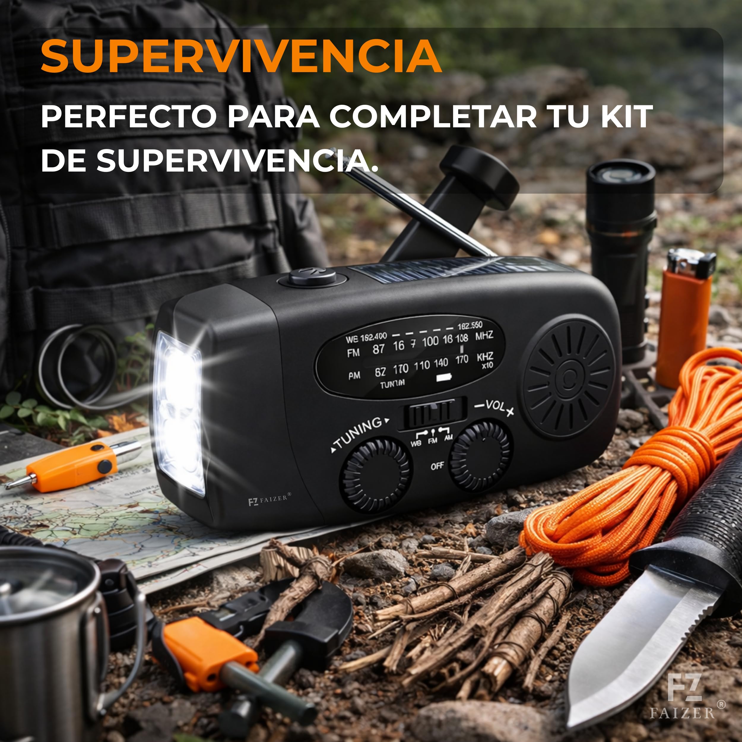 Radio Solar de Emergencia portatile con Manivela, 2000mAh, Power Bank, Radio a Pilas Am/FM/WB con Dinamo y Panel Solar, Linterna LED,linternas led Alta Potencia, Despertador Solar, Linterna Potente