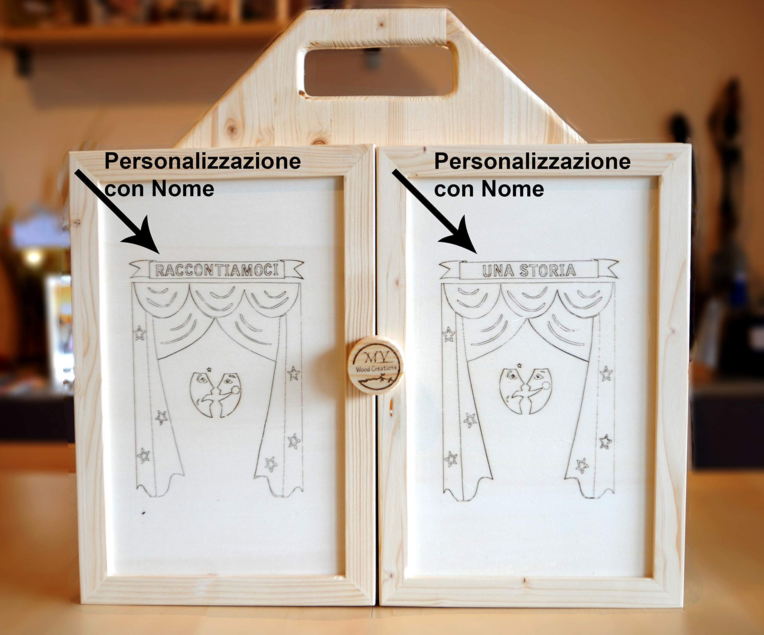 Teatrino in Legno fatto a Mano, Gioco Portatile per Bambini. Kamishibai. Teatro Giapponese delle Ombre + Scatola con Personaggi, Marionette in Legno "Animali nel Bosco".