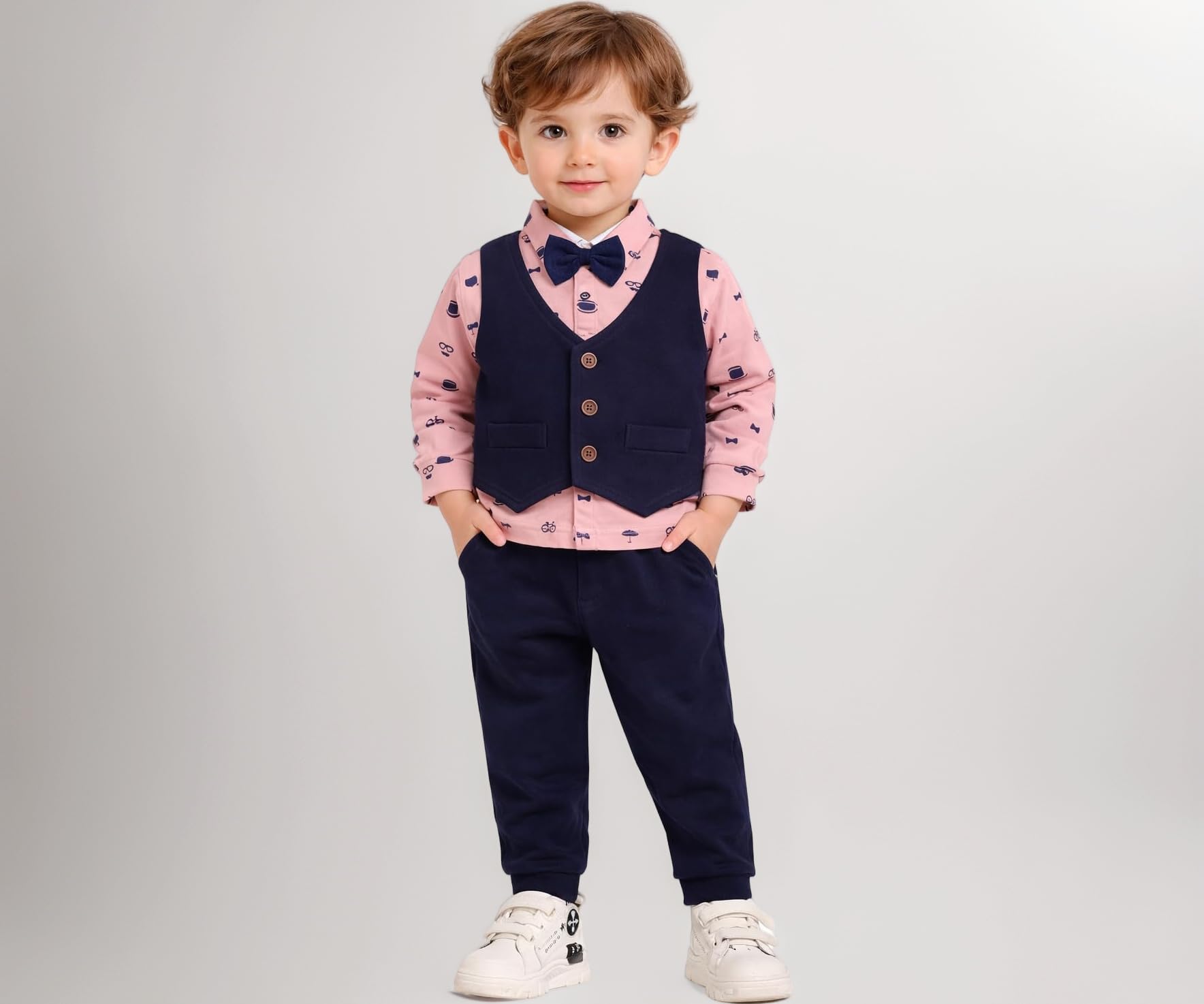 Baby Boys 3-Piece Formal Dress Set | Printed Pure Cotton Shirt, Waistcoat & Trousers with Bow Tie | Soft, Comfortable & Stylish Outfit Special Occasions