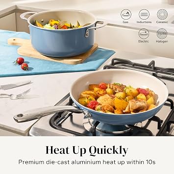 Redchef Ceramic Nonstick Cookware Set,14pcs Pots and Pans Set Non Stick,Induction Cookware with Stainless Steel Handle,Non Toxic Kitchen Cooking Set,Dishwasher & Oven Safe,PFAS PFOA & PTFE Free(Blue)