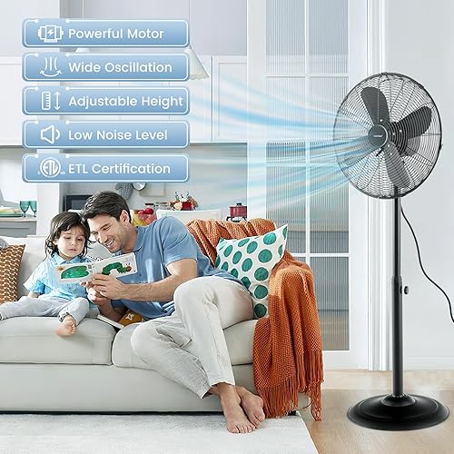 Miniatura 2 de COSTWAY Ventilador de pedestal de metal, ventilador silencioso de pie oscilante de 75 de alta velocidad de 16 pulgadas con altura ajustable, 3