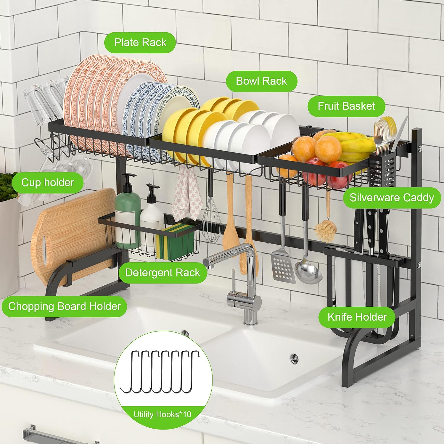 Over The Sink Dish Drying Rack, 2 Tier Adjustable Length Dish Rack (33.5"-39.4") Kitchen Sink Organizer Storage Rack, Dish Drying Rack for Organizer Home Kitchen Counter Space Saver (Black)