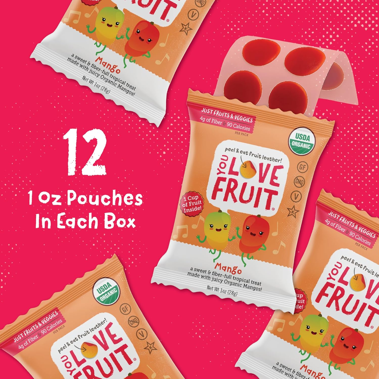YOU LOVE FRUIT - MANGO All Natural Fruit Snacks, Healthy Snack Pack, Real Fruit! Gluten Free, Non GMO, Vegan, Low Carb, Low Fat, Kosher, Variety Pack, Great For Adding To Gift Box, 1.0 oz (Pack of 12)