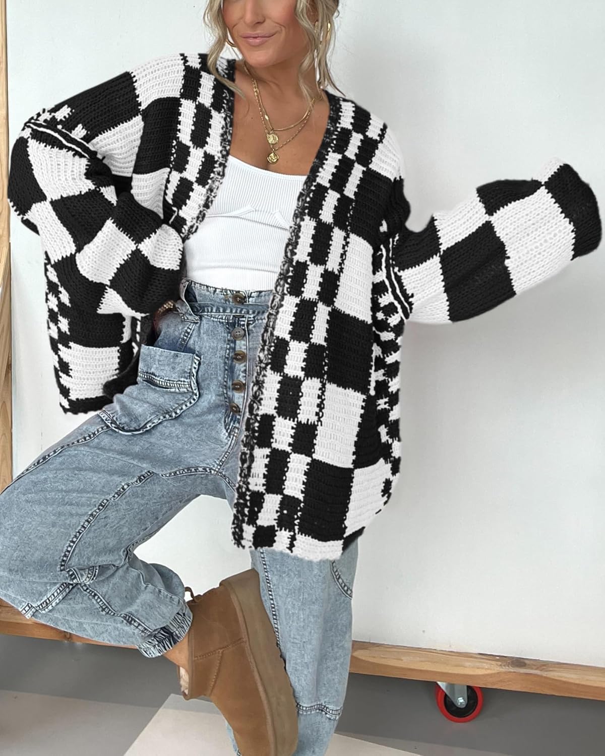 BTFBM Casual Cardigan Sweater for Women Fall 2026 Long Sleeve Open Front Chunky Knit Sweaters Checkered Outwear Coat - Image 4
