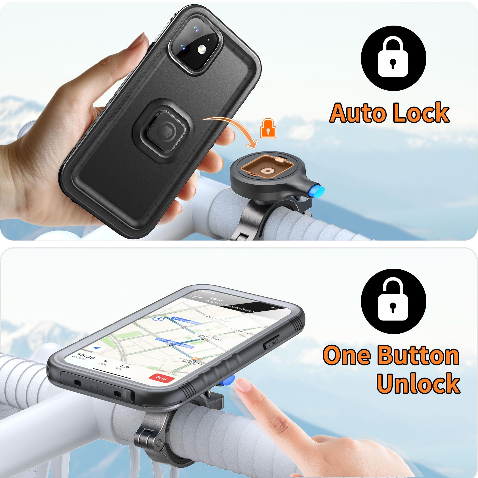 Cozycase Bike Phone Mount for iPhone 12/iPhone 12 Pro Waterproof One Button Unlock+Auto Lock in One Second Metal/Aluminium Rotatable Detachable Handlebar Motorbike Road/Mountain Bike Phone Holder - Image 4