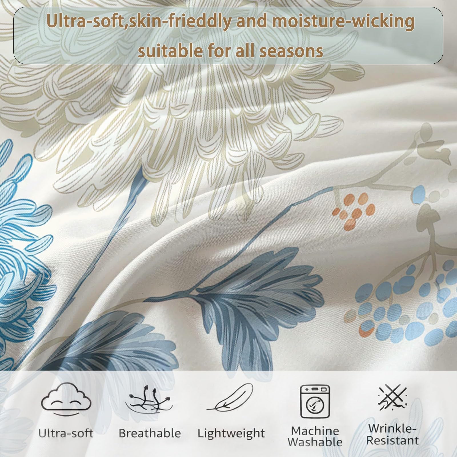 Piumone Invernale Matrimoniale 220 x 240 cm Motivo A Crisantemi Foresta Disegnato A Mano Trapunta in Ecopiuma 400 gr/mq, Caldo ed Elegante – Biancheria da Letto Anallergica e Traspirante, Crema