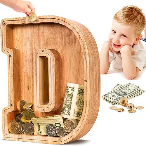SummiDate Alcancía de madera con letras para niños y niñas, alfabeto D, billetes de dinero, monedas, regalo de cumpleaños para niños pequeños