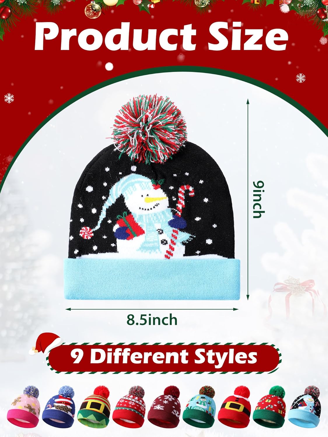 9 Pcs Christmas Knitted Hats Bulk Xmas Winter Beanie Hats with Pom Santa Crochet Cap for Men Women Party Gift - Image 2