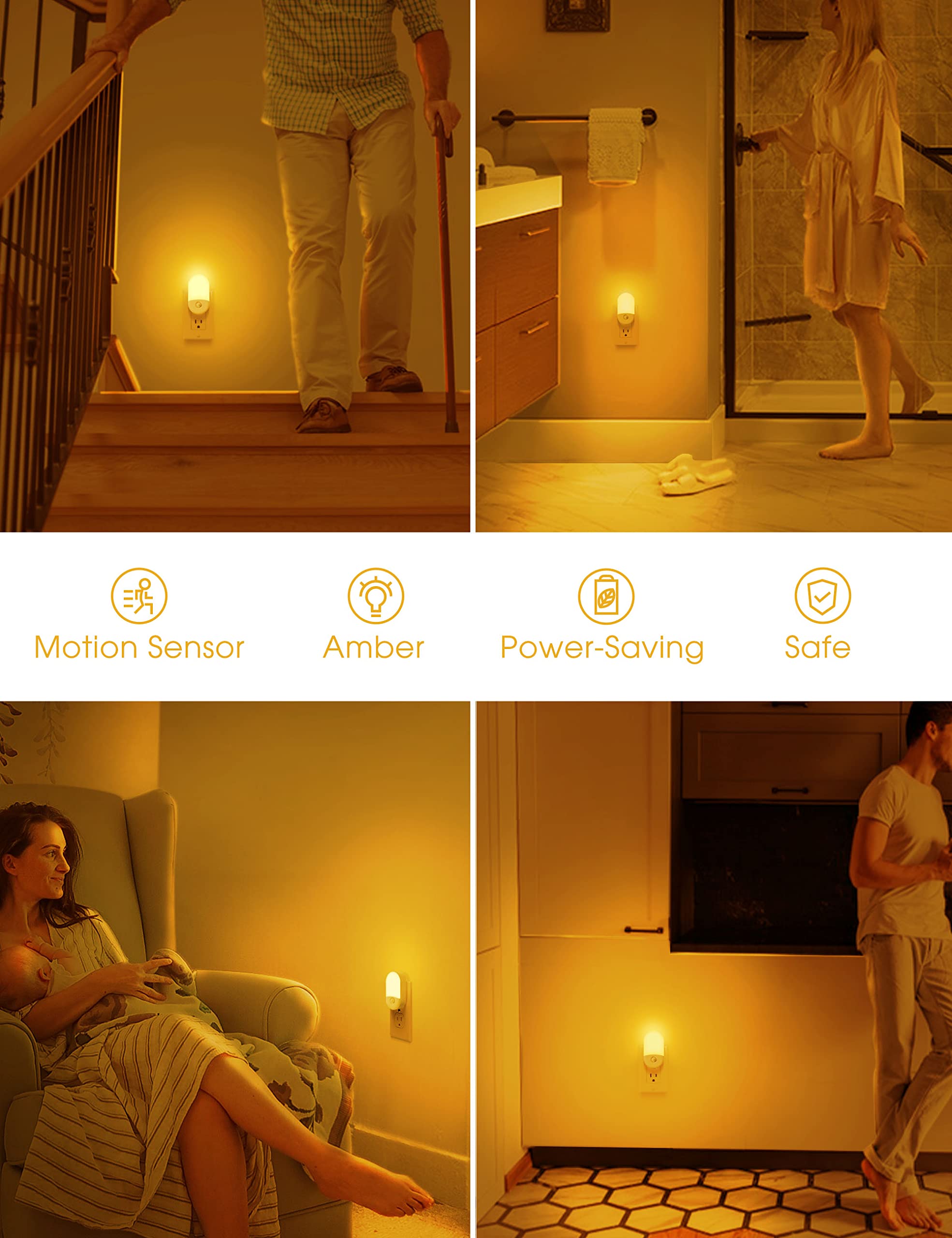 Bernstein-Nachtlicht, LOHAS bernsteinfarbene Nachtlichter, zum Einstecken in die Wand, Bewegungsmelder, 0,6 W, 2000 K, LED-Nachtlicht, 30/60 lm, einstellbare Helligkeit, automatisches niedriges blaues