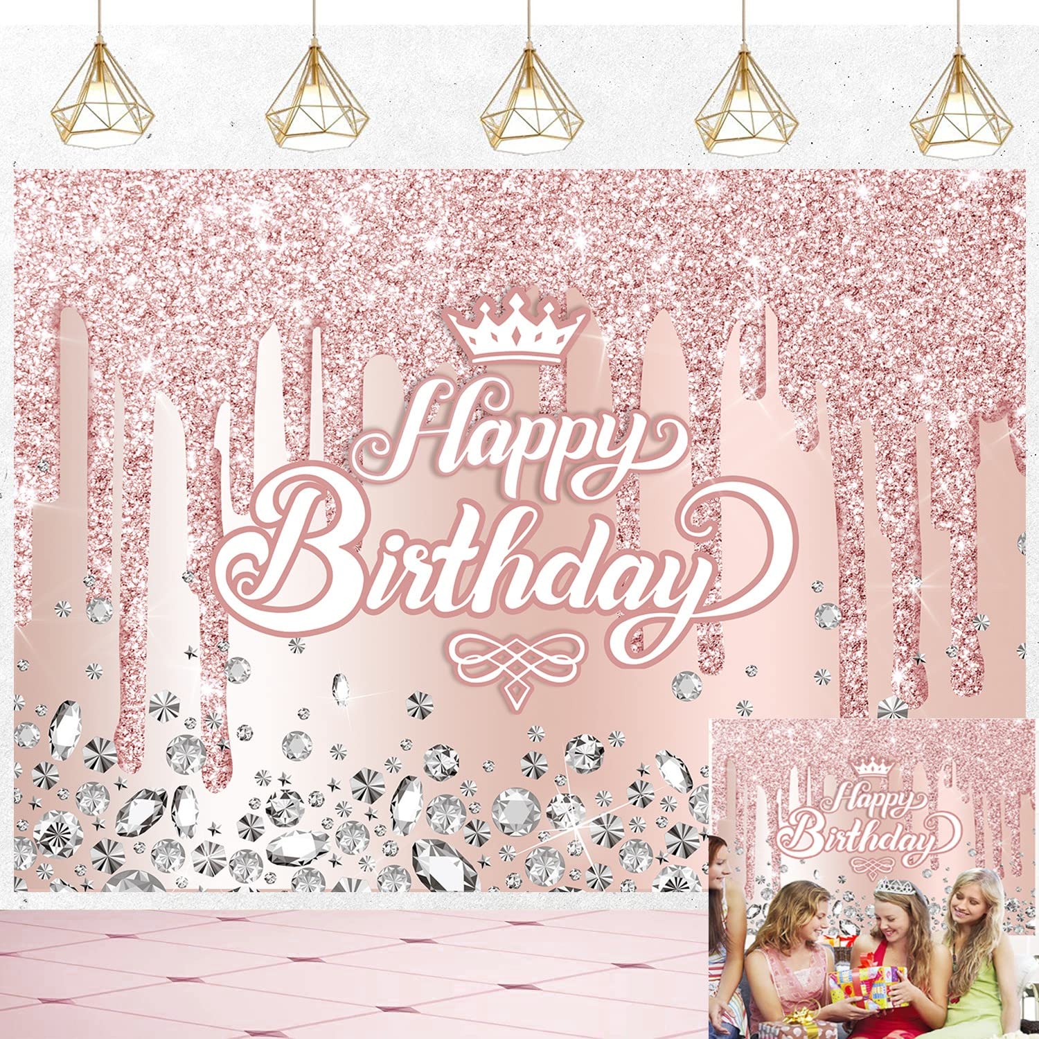 Pink Rose Golden Birthday Backdrop Glitter Diamonds Happy Birthday Photography Background Girls Lady Sweet 16th 18th 21th Birthday Party Cake Table Decor 7x5FT