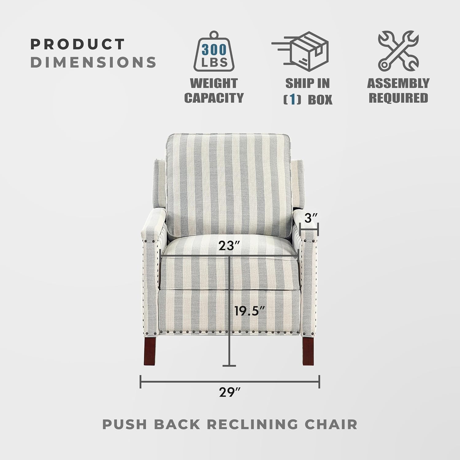 Lexicon Pushback Recliner Chair, Striped Textured Fabric Accent Armchair, Push Back Recliner, Nailhead Trim, Solid Wood Legs, Easy Assembly, for Living Room/Office/Apartment, Beige/Grayish Blue