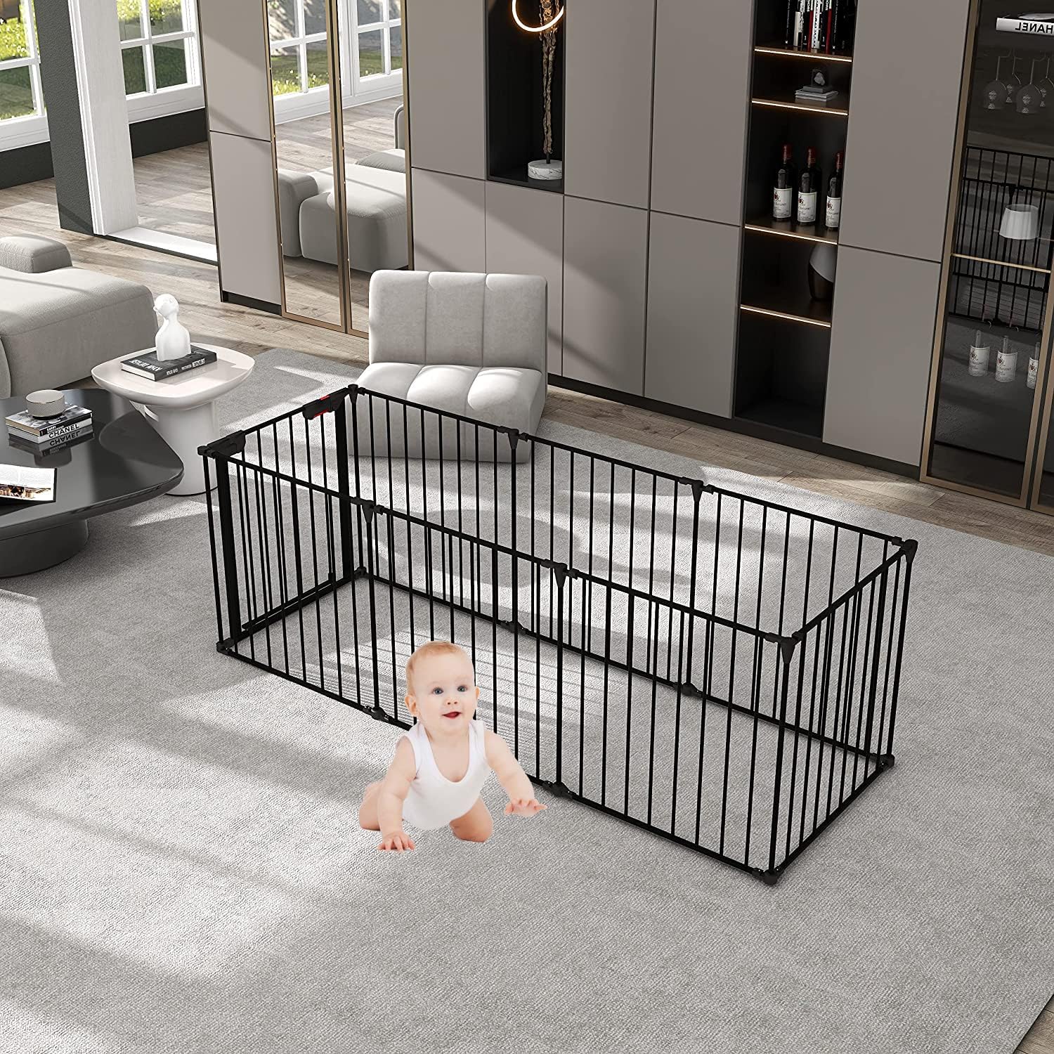 200" Wide Baby Pets Gate Metal Safety Playpen - Fireplace Fence for Pets/Dogs/Cats, 8-Panel (29" H, Black)