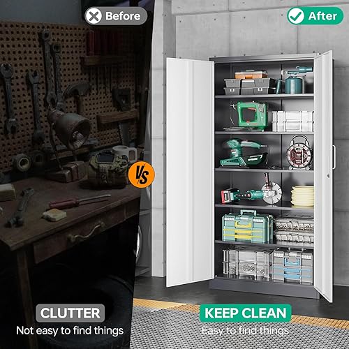 Miniatura 5 de Armarios de almacenamiento de metal con cerradura, gabinete de almacenamiento de garaje de 71 pulgadas con 2 puertas y 4 estantes ajustables,