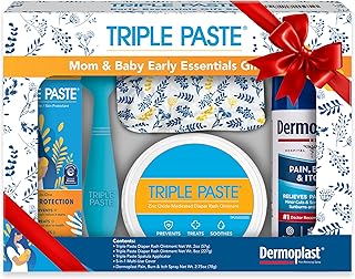 Mom & Baby Early Essentials Gift Set with 5 Items, Diaper Rash Ointment 8oz Jar & 2oz Tube, Spatula Applicator, Dermoplast Spray, and Multi-Use Cover, Shower Gifts for Moms