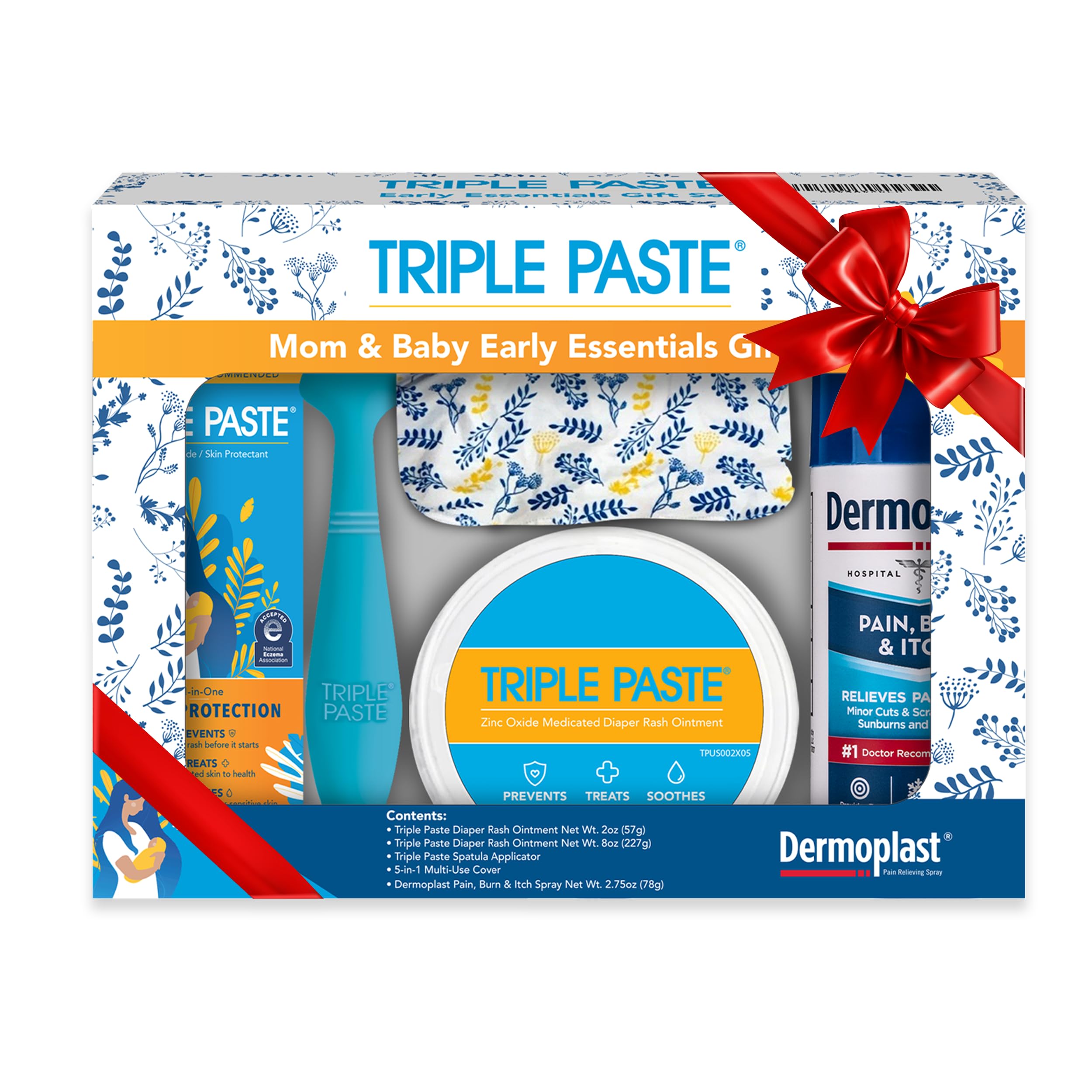 Mom & Baby Early Essentials Gift Set with 5 Items, Diaper Rash Ointment 8oz Jar & 2oz Tube, Spatula Applicator, Dermoplast Spray, and Multi-Use Cover, Shower Gifts for Moms