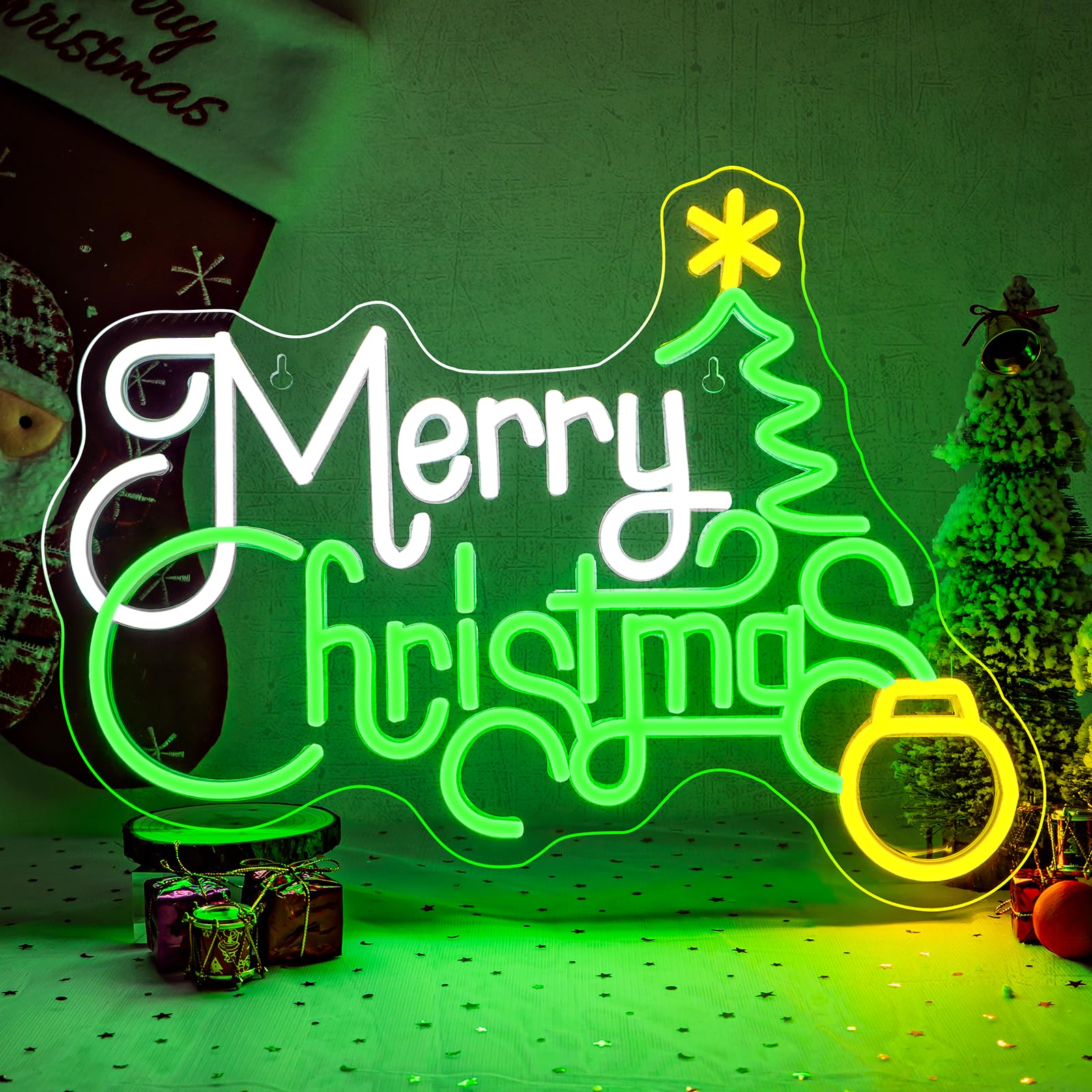 ineonlife Merry Christmas Neon Light Sign Green White Merry Christmas Tree Neon Sign Dimmable USB Bell Xmas Led Signs for Home,Living Room,New Year,Xmas Party,Holiday,Gift