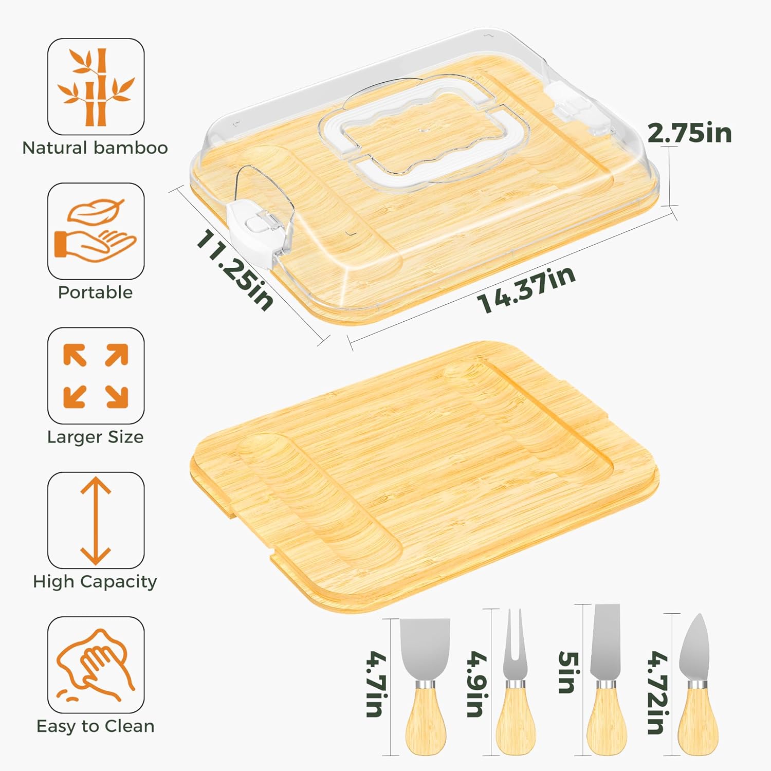 MinBoo Bamboo 2-in-1 Charcuterie Board with Lid,Travel Portable Bamboo Cheese Board, Covered Serving Tray, Large Cutting Board for Kitchen,House Warming Birthday Gifts for Her Him Women Men Mom Dad
