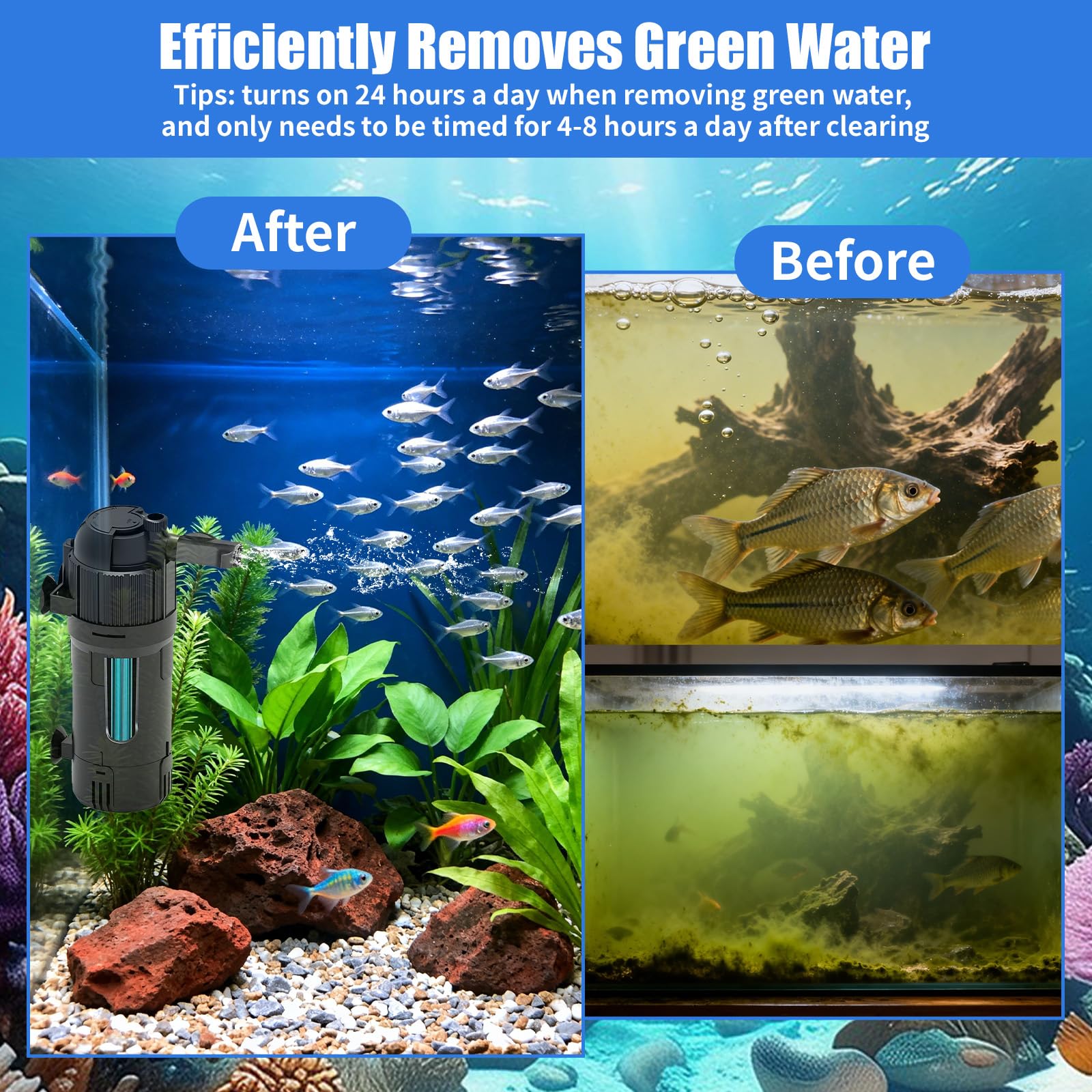 Filtro interno para peceras, filtro de acuario con esterilizador UV que convierte el agua verde en transparente para acuario de 15 a 80 L, filtros ajustables 5 en 1 para peceras con caudal