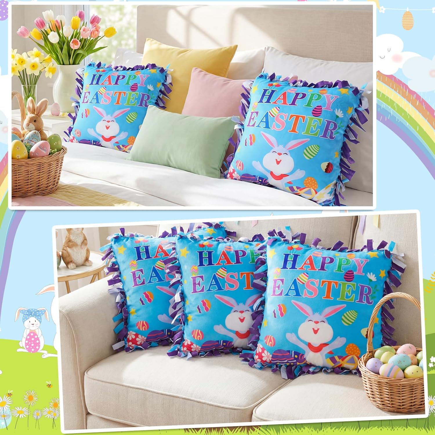 Mindsoft 6 Sets Easter Bunny Fleece Tied Pillow Craft Kits – DIY Easter Decor, No Sewing Required, Colorful Rabbit & Egg Design, Home Activity, Gift for Spring Party