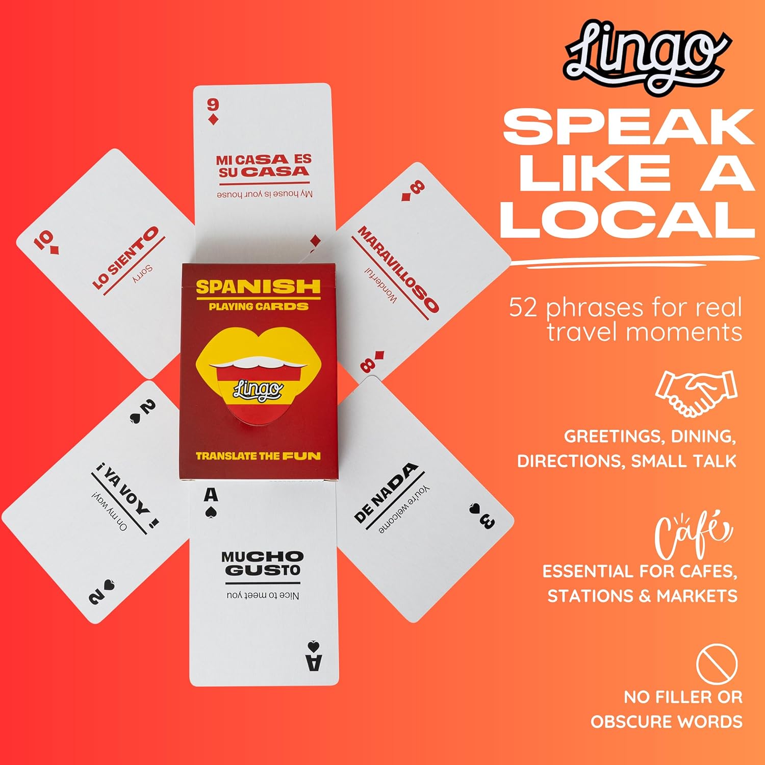 Lingo Spanish Playing Cards in Wayfarer Tin Box | Travel Flashcards | Learn Spanish Vocabulary in A Fun & Easy Way | 52 Essential Translations - Image 7