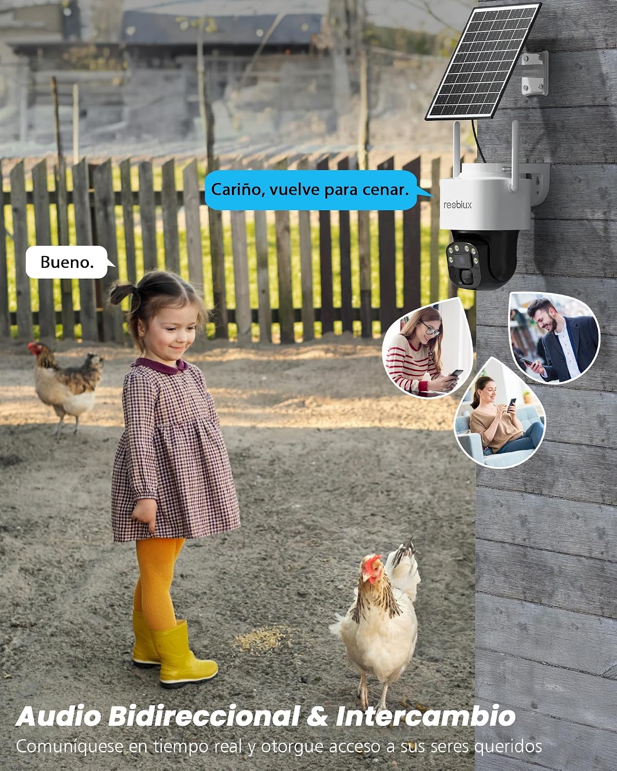 Reobiux 4G LTE Solar Security Camera with a child and chicken, illustrating two-way audio communication.