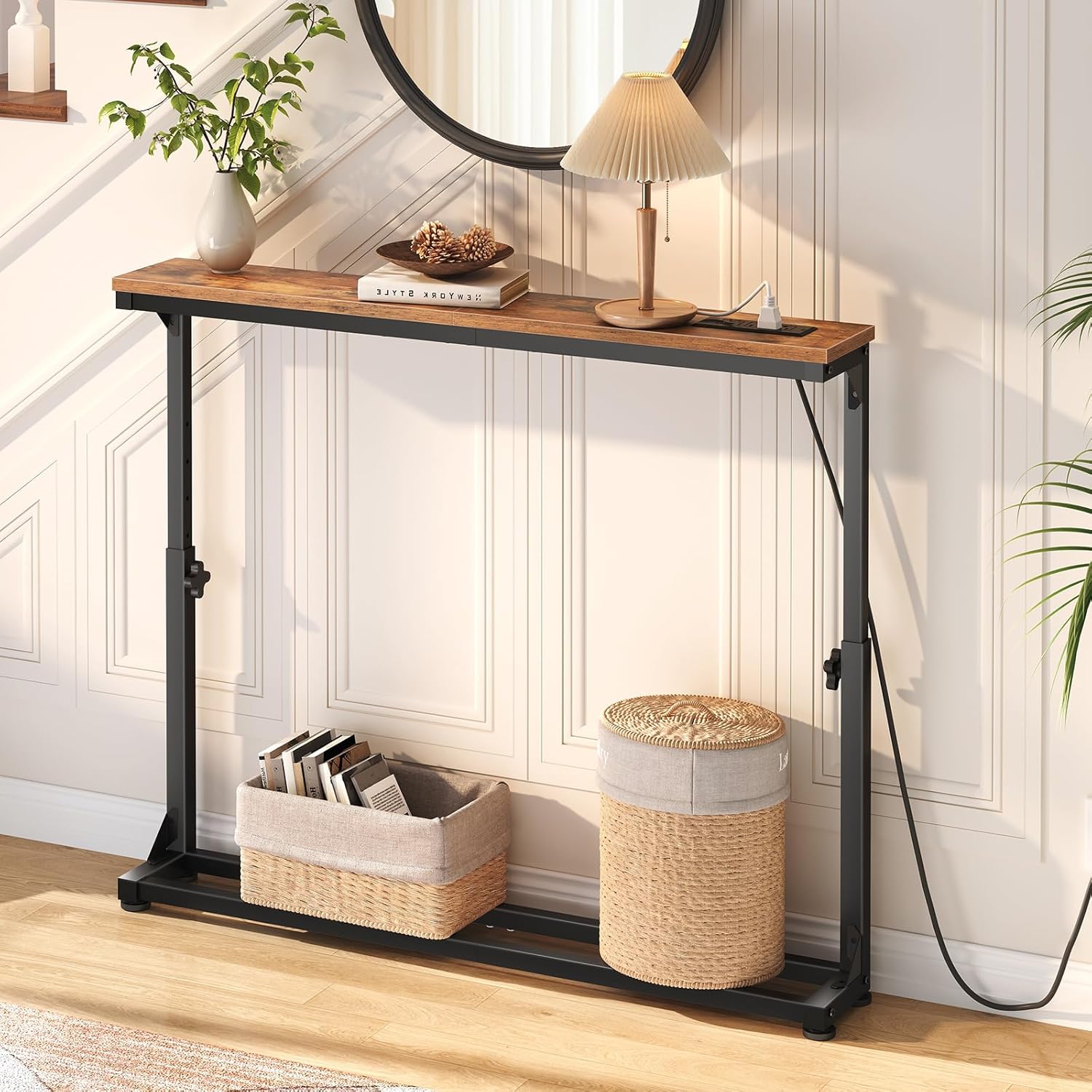 HOOBRO Narrow Console Table Set of 2 with Charging Station, Adjustable Height Sofa Table (25''-32.9''), Slim Behind Couch Table for Small Spaces, Entryway, Living Room, 78.8" Rustic Brown BF95UXGP201