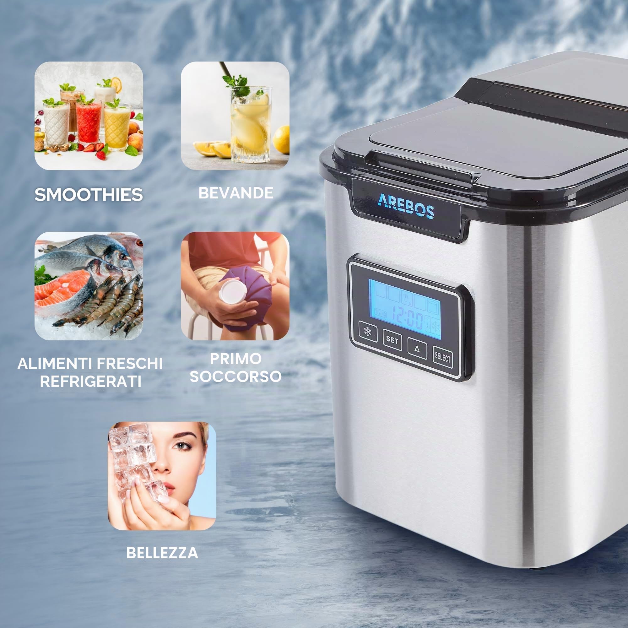 Arebos Macchina per cubetti di ghiaccio Acciaio inossidabile 2,2L | LCD | Macchina di ghiaccio | 12kg di cubetti di ghiaccio in 24 ore