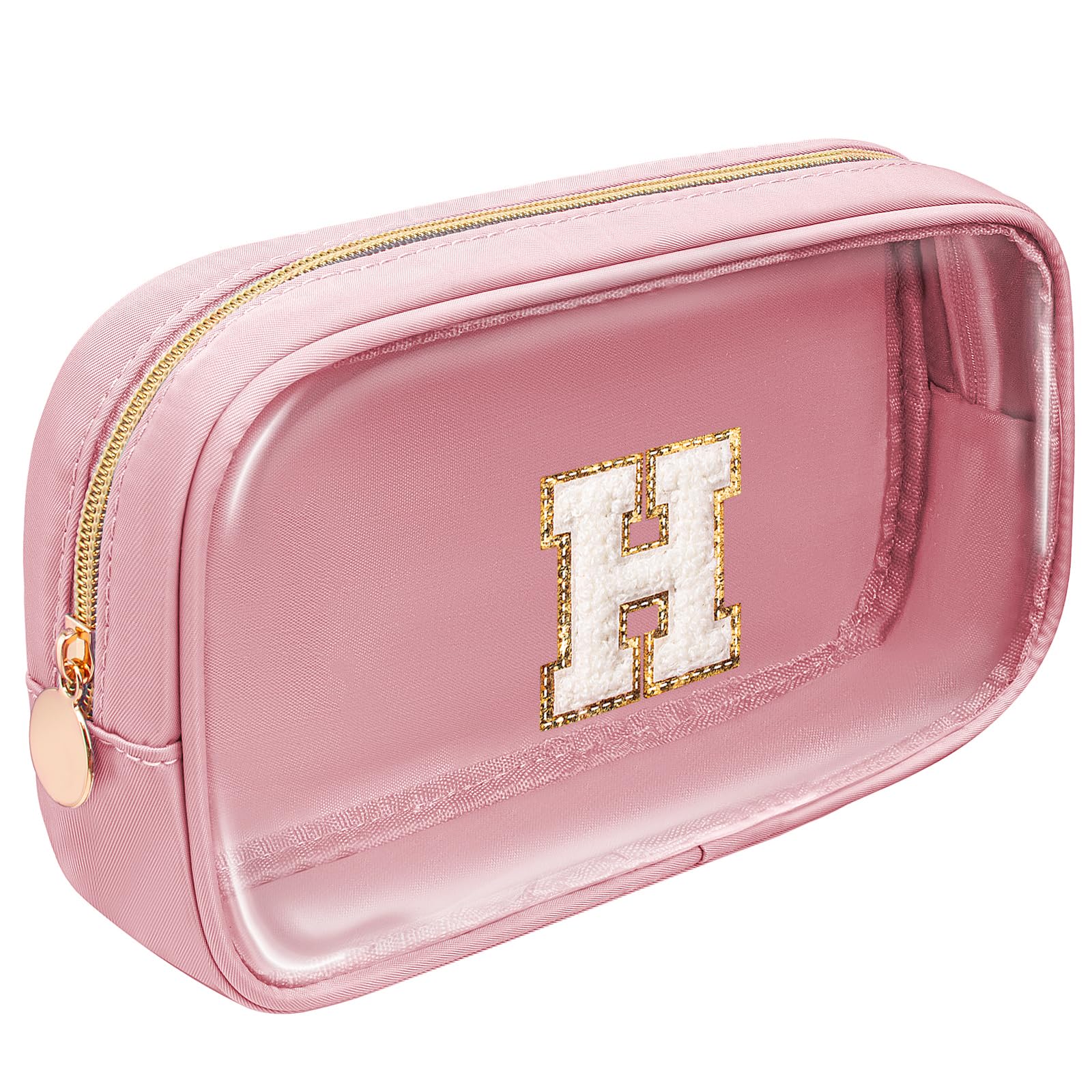Large Personalized Initial Letter Clear Makeup Bag, Nylon Preppy Patch Makeup Bag Chenille Letter A-Z TSA Approved Travel Toiletry Bag Cute Zipper Makeup Organizer for Women Men, Pink, H, Preppy