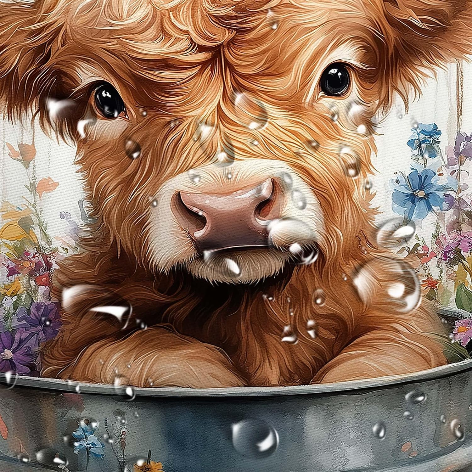 JAWO Cow Shower Curtain, Farmhouse Rustic Floral Funny Highland Cow Shower Curtains for Bathroom, Western Cute Calf Country Farm Animal Bathroom Decor, with Hooks, Surreal Bathroom Curtain, 70X75IN