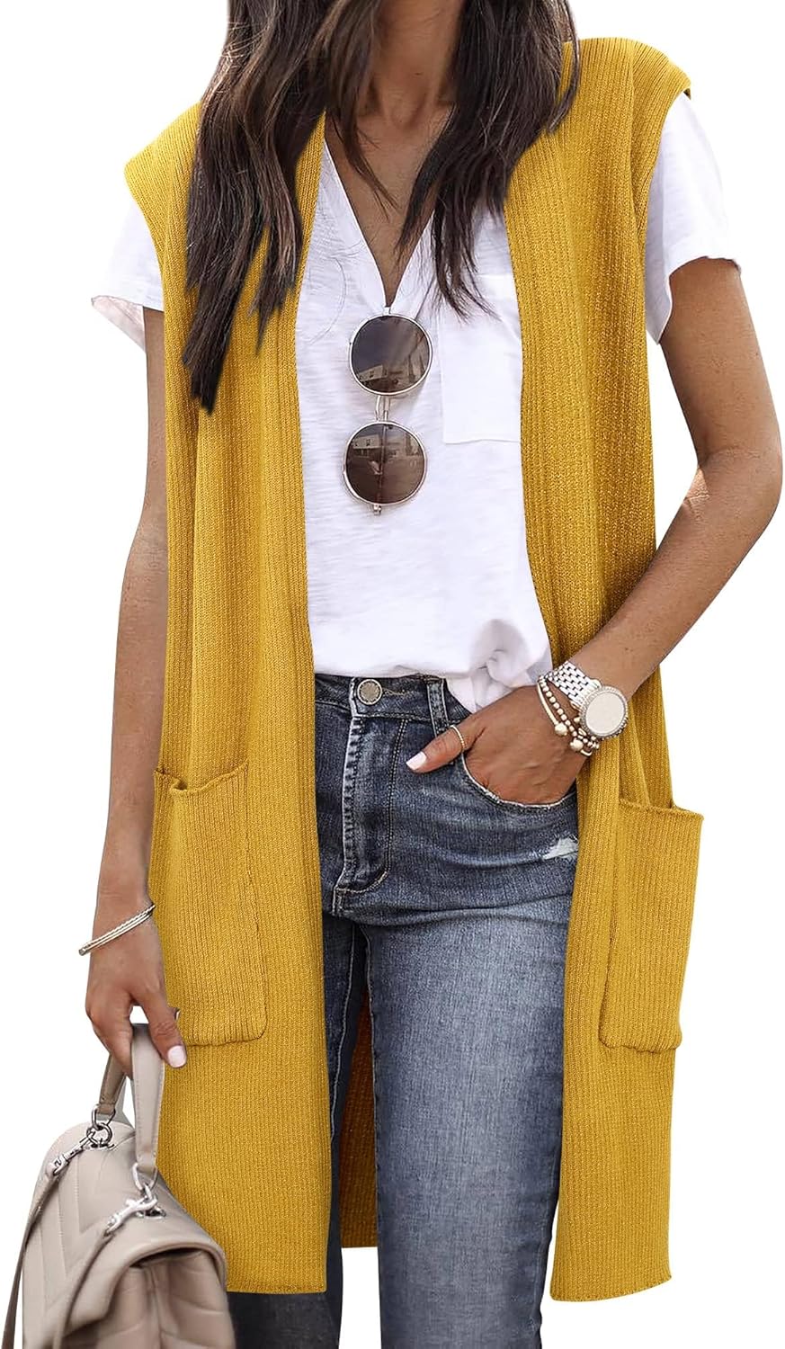 ZXZY Long Vest for Women Sleeveless Knit Cardigan Open Front Draped Sweater Duster Casual Lightweight Outwear Vests