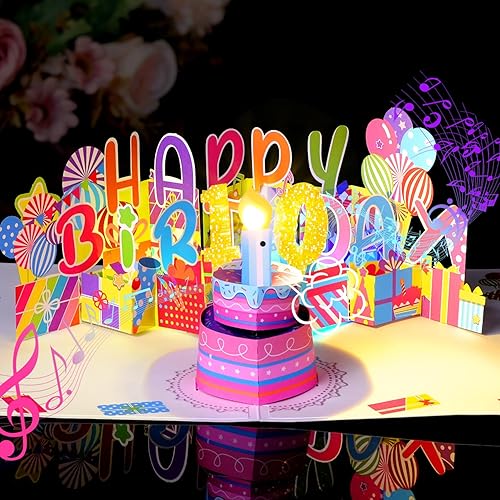 Miniatura 1 de Yinqing Tarjetas de regalo de cumpleaños número 10, tarjeta de feliz cumpleaños con luz y música, tarjeta de cumpleaños desplegable 3D con vela