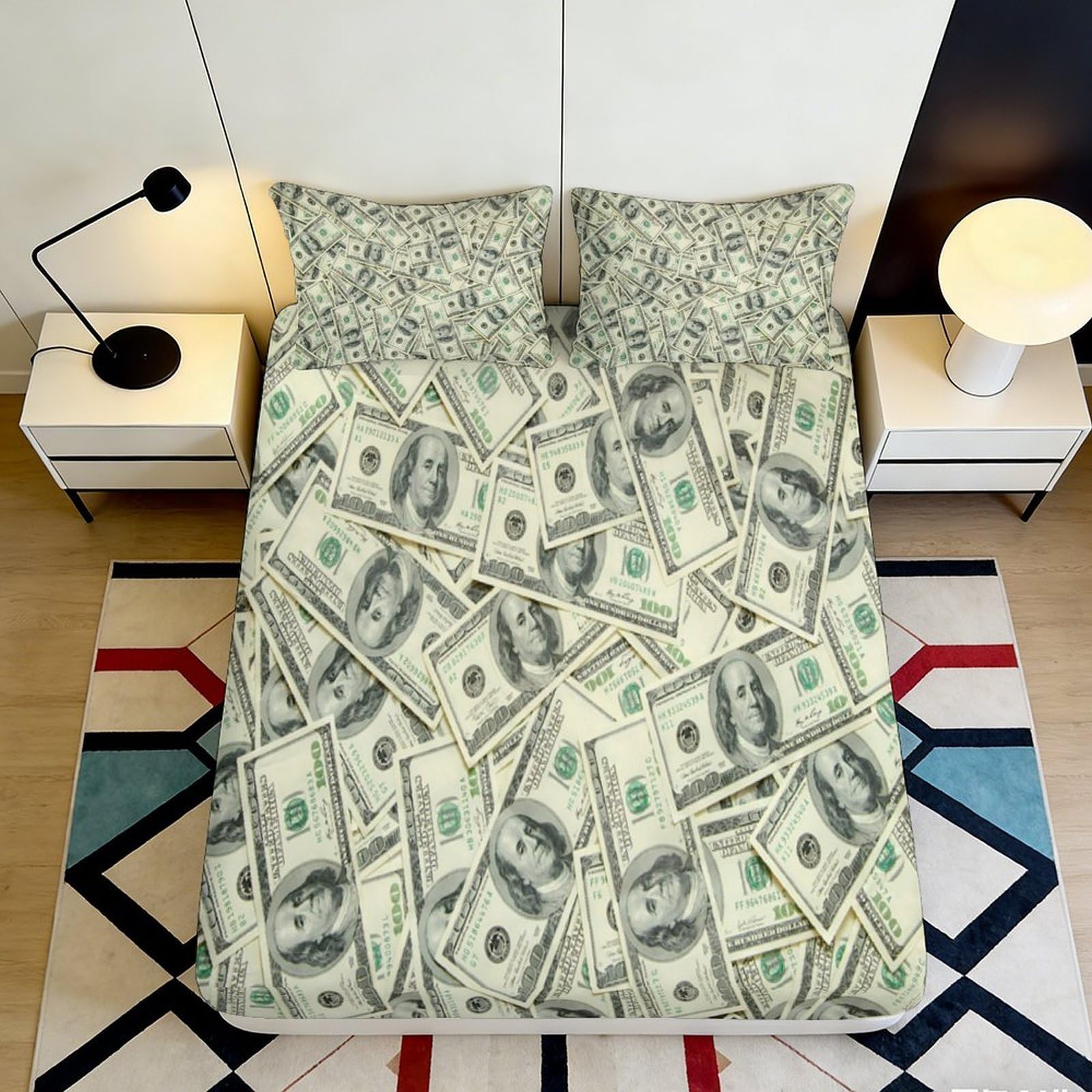 3D Printed Money Pattern Fitted Sheet Microfiber Non-Slip Deep Pocket Bedroom Bedding Money Mattress Fitted Cover Washable 140x200x25cm
