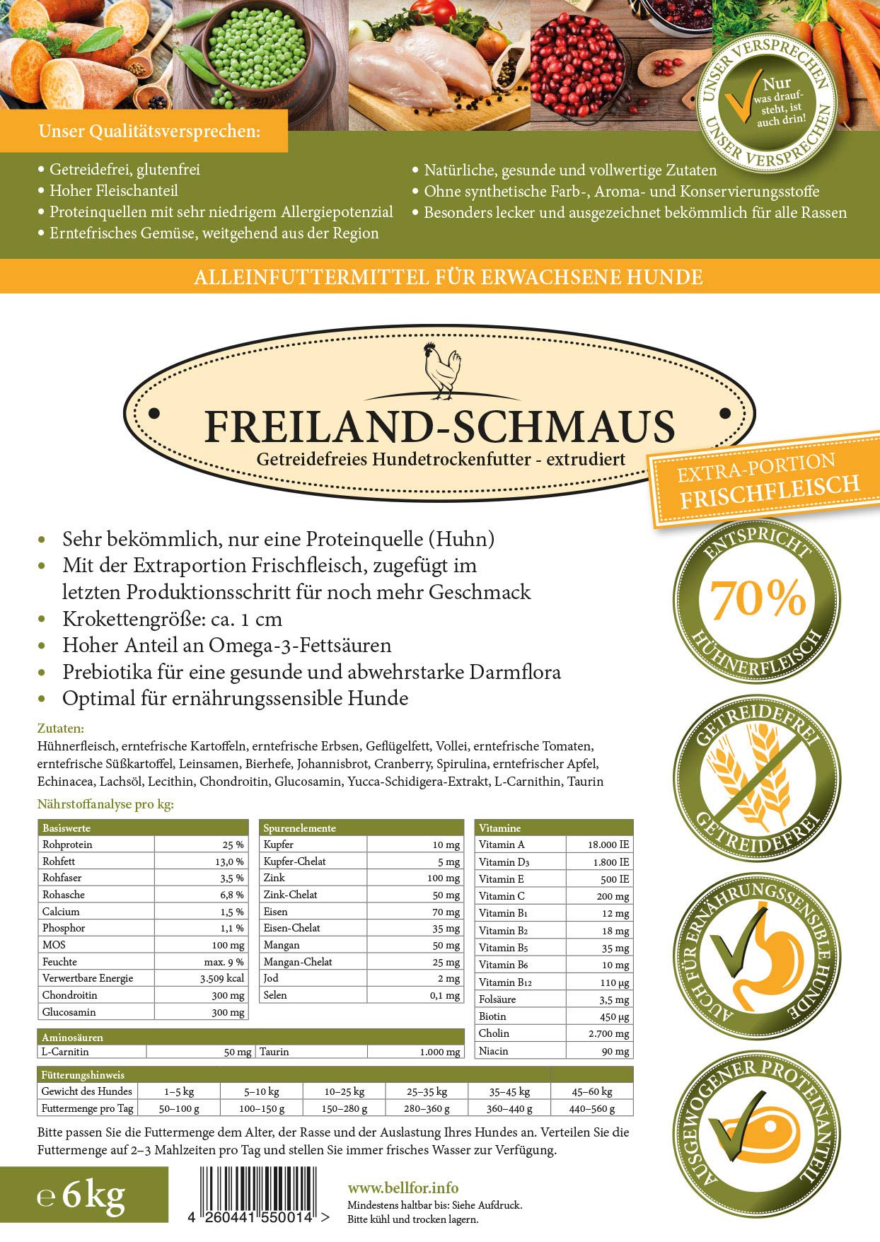 Bellfor Freiland-Schmaus sucha karma z kurczakiem, bez zbóż, optymalna dla wrażliwych na odżywianie psów, wysoka zawartość kwasów tłuszczowych Omega-3, 6,0 kg