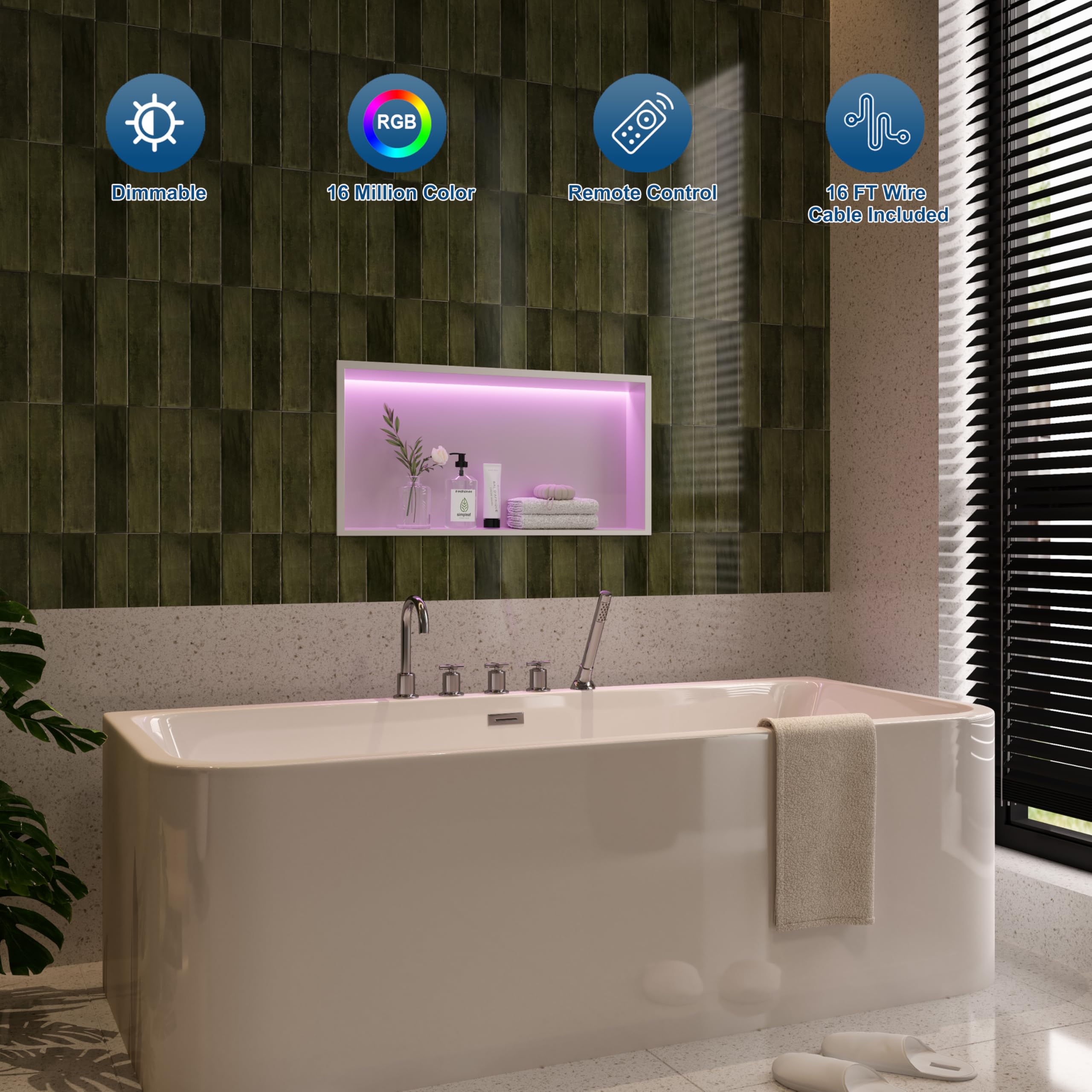 Douche niche murale en acier inoxydable avec lumière LED RVB, étagère de rangement individuelle blanche, pour salle de bain, 60 x 30 cm