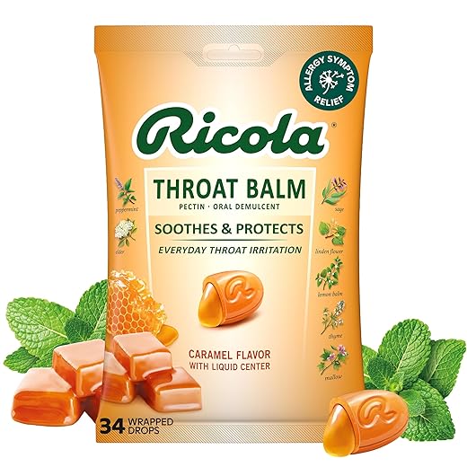 Ricola Throat Balm Caramel Herbal Throat Drops with Pectin to Coat & Protect Voice from Minor Irritation - 34 Count - Herbal Lozenges