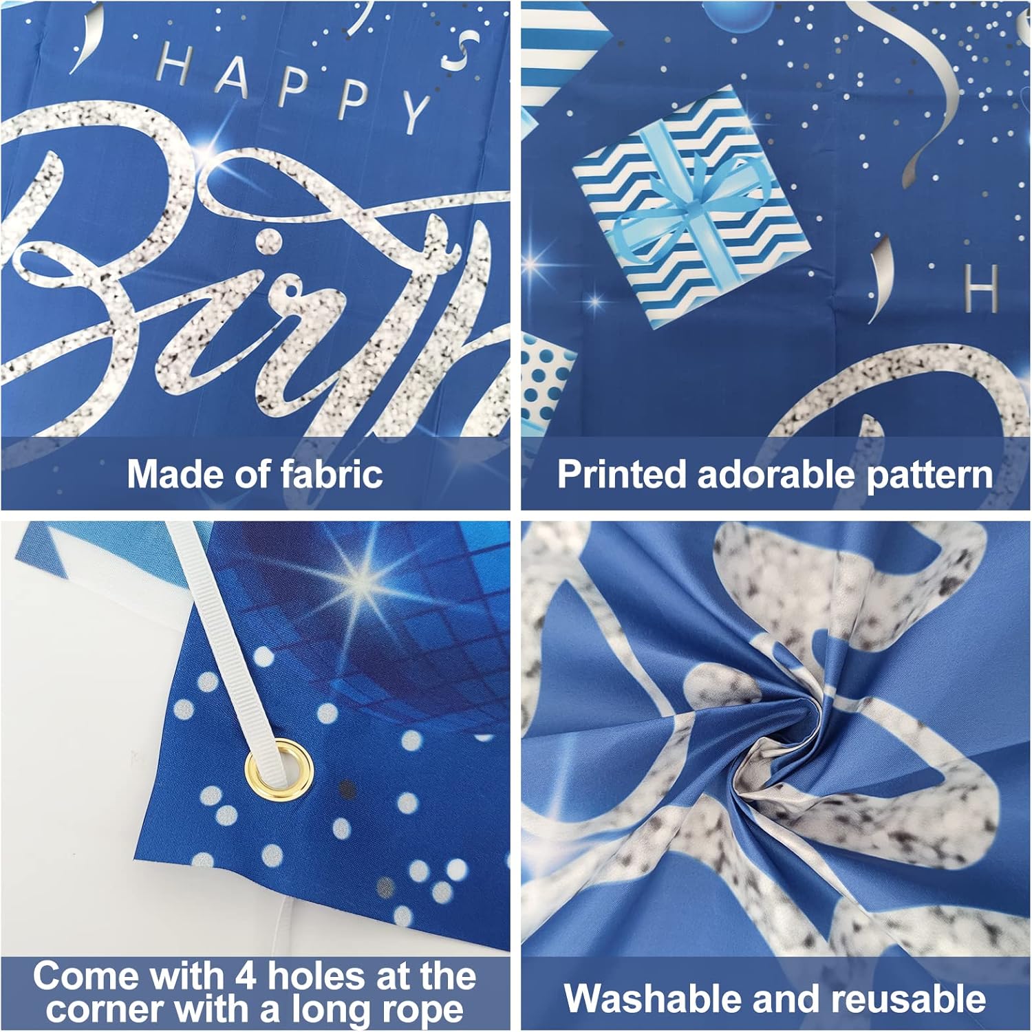 Buy GRESATEK Blue Silver Birthday Backdrop, Blue Happy Birthday Banner