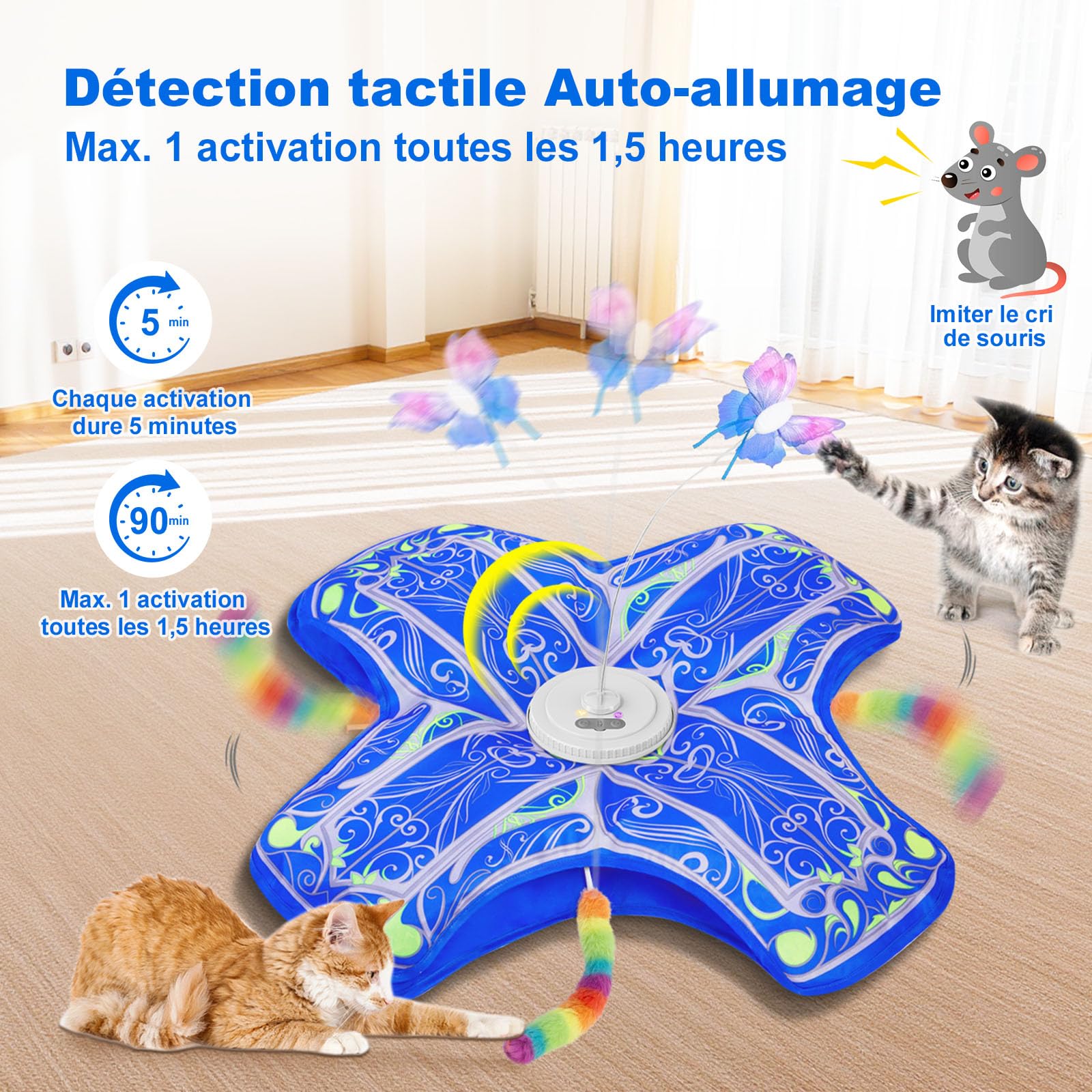 Jouet Interactif pour Chats d'Intérieur, [Nouvelle Version Améliorée] Jouet Rechargeable pour Chaton à Activation Tactile avec Jeu de Cache-Cache et Élément Virevoltant (Bleu)
