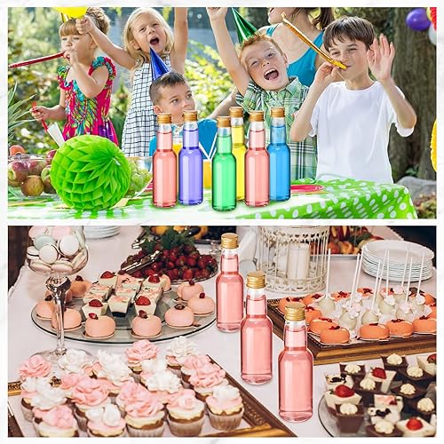 Miniatura 5 de 120 botellas pequeñas de licor herméticas, botellas vacías de plástico con embudos para recuerdos de fiesta, bodas (3.3 onzas, dorado)
