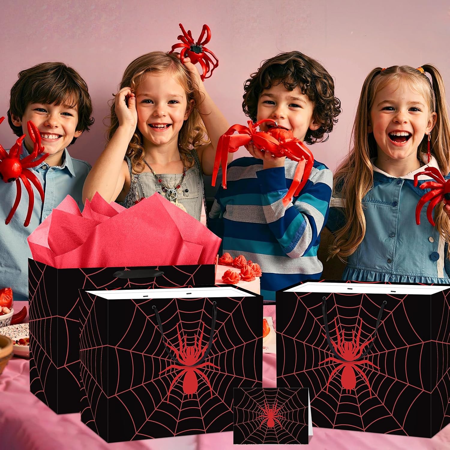 Yomaiha Black Spider Birthday Gift Bag Spider Party Paper Bags with Handles Tissue Paper and Card Red Spider Webs Wrapping Bag Spider Party Decorations for Boys Men Birthday Supplies image 3